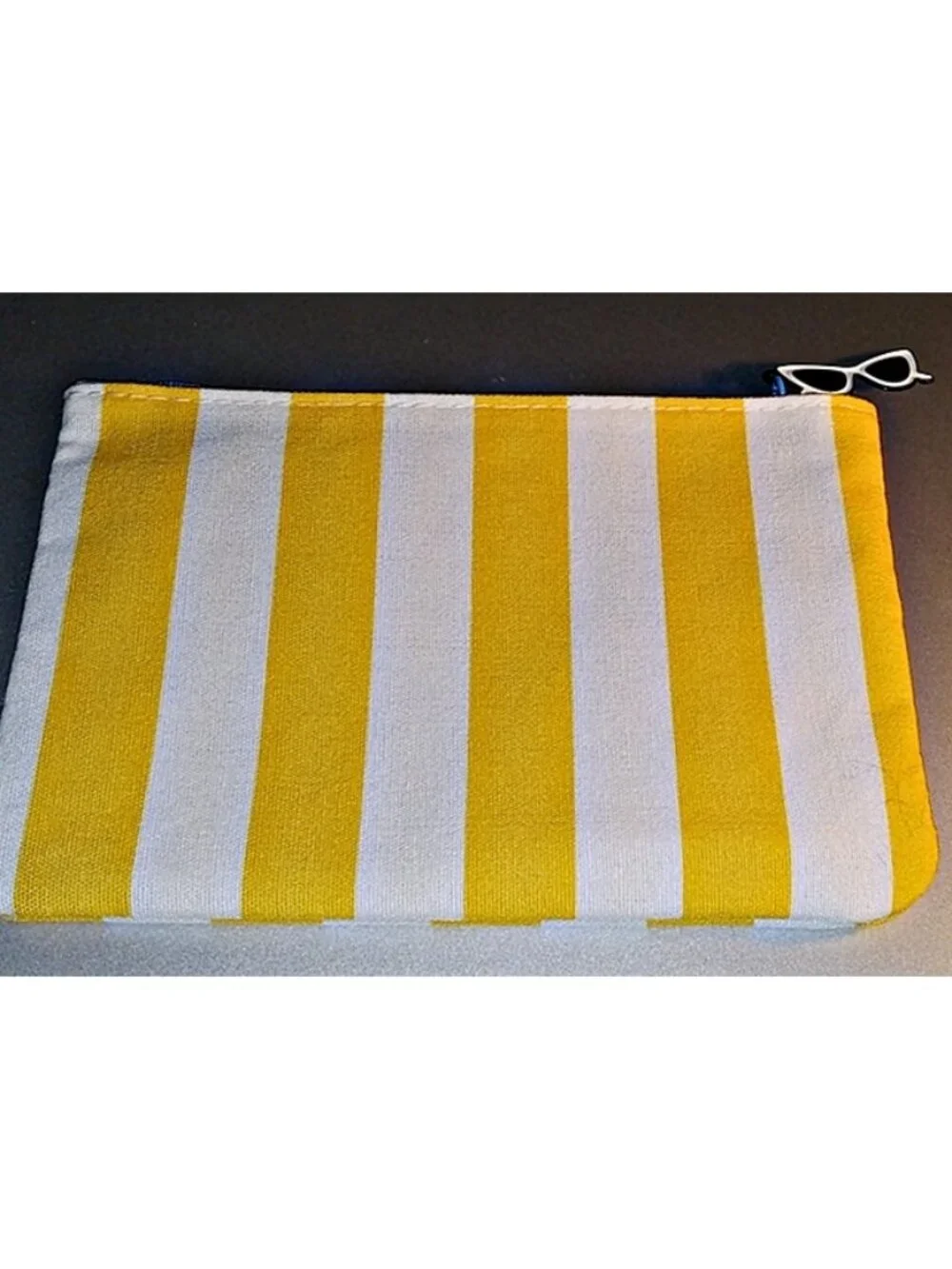 NEW unused striped makeup bag, cute sunglasses zipper pull